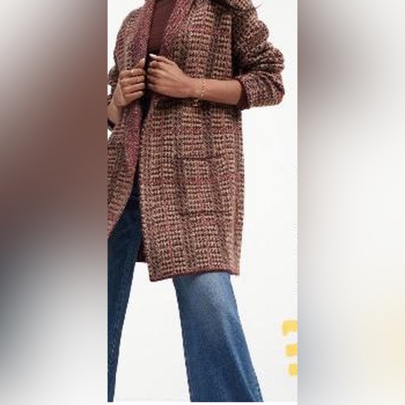 Lety & Me Thick Soft Burgundy &Brown Houndstooth Long Open Cardigan/Jacket L NWT - Picture 1 of 7
